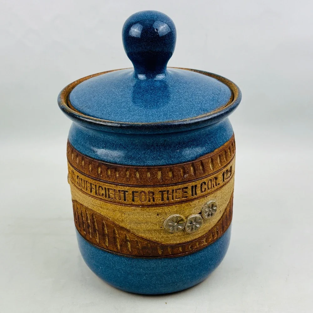 Down to Earth Pottery Canister Blue Stoneware My Grace Is Sufficient II Cor 12:9